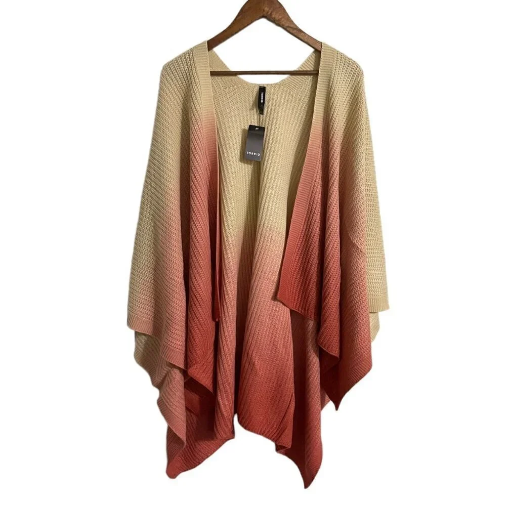 Torrid Womens NWT Beige Peach Ombre Open Front Knit Tricolor Dip Dye OS